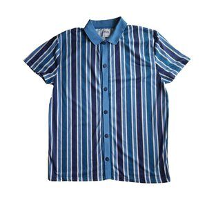 Men's Zara Vertical Striped Blue Full Placket Button Down MOD Knit Shirt